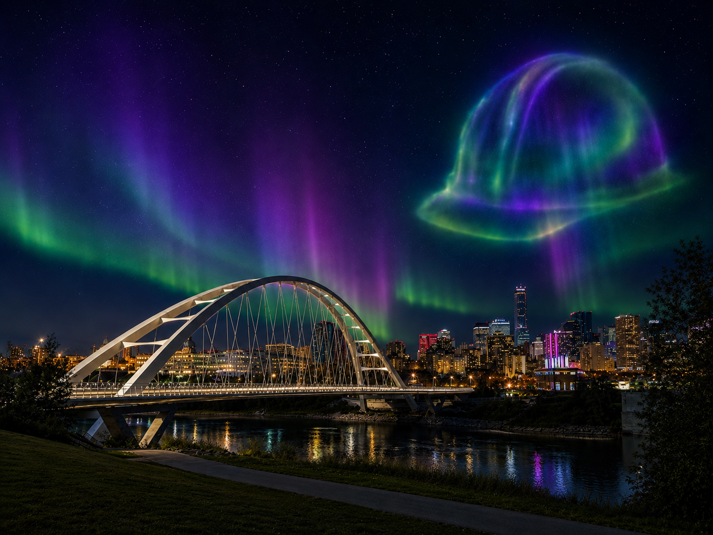 Aurora borealis shaped like a hard hat over the Edmonton skyline
